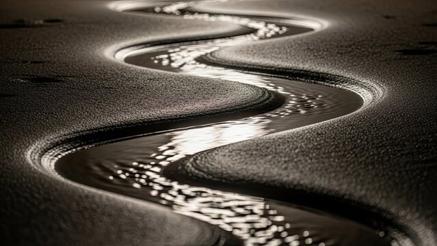 Serpentine water stream flowing through textured landscape illuminated in monochrome aesthetic - Powered by Adobe