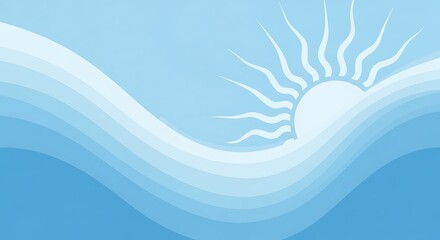An abstract ocean scene depicts the rising sun over waves. Layers of blue gradient create a tranquil, stylized illustration