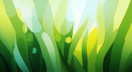 An abstract, stylized depiction of spring. Overlapping, organic shapes in various shades of green and yellow evoke grass, light and growth