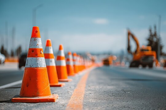 Traffic Cones Arranged Along Road Directing Construction Site Activity