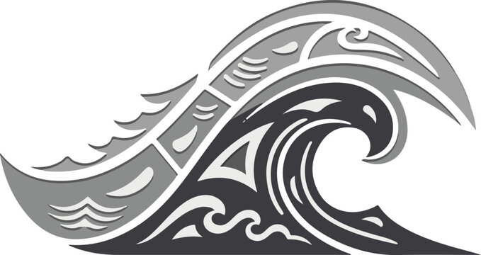 Intricate monochrome tribal wave vector featuring traditional Maori or Polynesian-style patterns. A dynamic, stylized ocean wave representing power, nature, and cultural art.