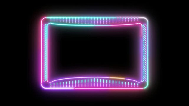 Neon Glowing Sci Fi Frame Animation with Colorful Futuristic Light Border on Black Background, Digital HUD Interface Outline, Vibrant Cyberpunk Glow Loop for Technology, UI, and Modern Motion Graphics