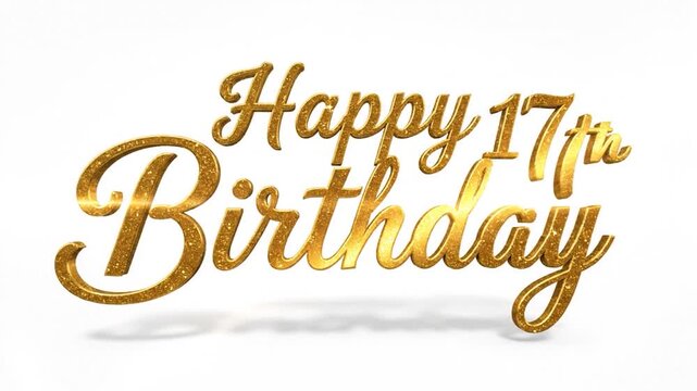 Golden, glittering "Happy 17th Birthday" script text on a white background with a shadow