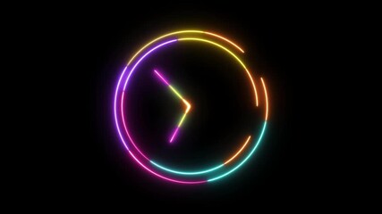 Neon Glowing Timer Outline Icon Animation with Colorful Circular Clock Light Trails on Black Background, Countdown Time Symbol, Futuristic Digital Glow Loop for UI, Productivity, - Powered by Adobe