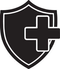 Fototapeta premium A bold, black-and-white minimalist vector icon featuring a protective shield overlaid with a medical cross, symbolizing healthcare security, safety, and professional medical protection.