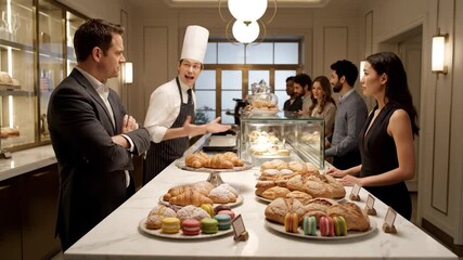 People in a bakery stand in line to buy various pastries and breads