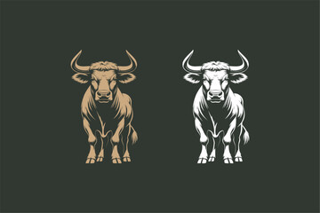 Dual bull illustration in gold and white styles, strong cattle mascot design, symmetrical vector artwork on dark background, ideal for logo, branding, emblem, and apparel use. Vector illustration.