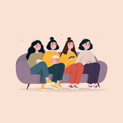 Four Friends Watching A Movie Together On A Comfy Sofa