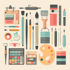 Flat Vector Illustration of Artistic Tools and Painting Supplies