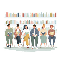 Group of students reading books in a library