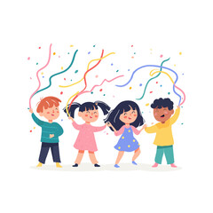 Four happy children celebrating with colorful ribbons and confetti