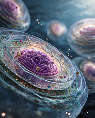 Detailed cross section of living cells showing organelles and membrane less biomolecular condensates in realistic 3D scientific visualization  
