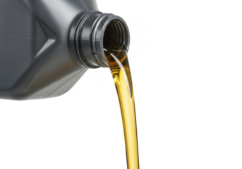 Closeup shot of golden motor oil being poured from a dark plastic container spout, isolated on transparent background