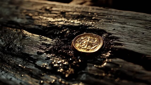 Ghost Ship Gold Doubloon on Dark Wet Wood Surface