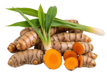 Fresh raw turmeric rhizomes with vibrant green leaves and bright orange slices, isolated on transparent background