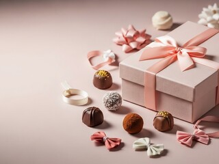 Romantic Valentine Background with Gift Box and Chocolates