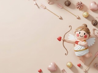 A cute 3D valentine cherub with bow and arrow surrounded by hearts and candies on a soft pastel background
