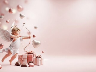 A cherubic angel with bow and arrow amidst floating hearts and gift boxes in a soft pink Valentine background scene