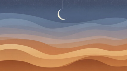 Serene Islamic Ramadhan Night Landscape with Crescent Moon and Desert Sand Dunes under Starry Sky View