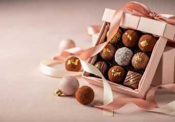 Valentine Background with Chocolates and Ribbons in a Gift Box