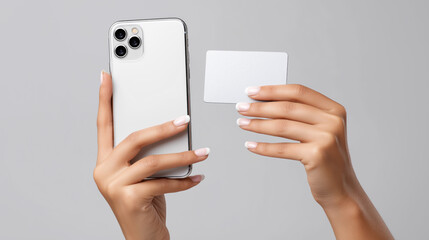 Female hands holding a smartphone and a blank credit card on a gray background, representing online payment, mobile banking, digital finance and secure transactions.