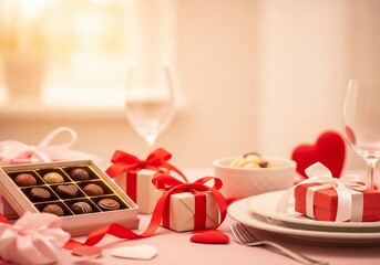 Romantic Valentine's Day dinner table setting with chocolates and heart shaped gifts