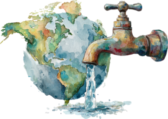 Watercolor Globe with Faucet Emphasizing Earth's Water Resource Management and Conservation