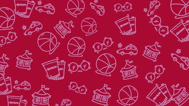 Amusement park icons pattern on red great for party invitations, event posters, or social media graphics with a fun theme.
