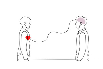 men standing opposite each other, with a wavy line connecting the heart - continuous drawing. Empathy, emotional intelligence, different approaches, psychological understanding