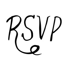 Hand-drawn black ink lettering "RSVP" in a whimsical calligraphic style with a decorative curly flourish. Minimalist elegant typography
