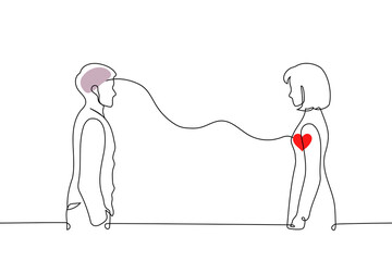 woman is in love, and the man is with a sober, cold mind. continuous one line drawing of a woman with a red heart and a man with a purple brain standing opposite each other on white background