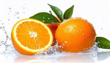 Fresh Oranges with Green Leaves and Dynamic Water Splashes
