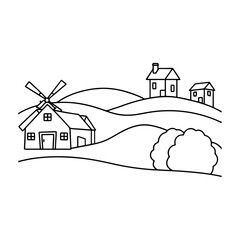 Rural Landscape Line Drawing Featuring Windmill, House, Shed, Hills, Bushes, and Peaceful Countryside Scene