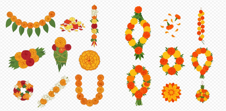 Set of Marigold and Mango Leaf Garlands for Indian Festivals and Celebrations.
