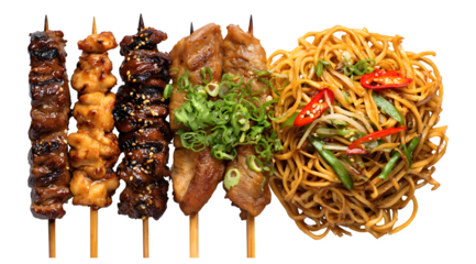 An enticing lineup of various Asian grilled skewers, featuring different meats and seasonings, is served alongside a generous portion of stir-fried noodles.
