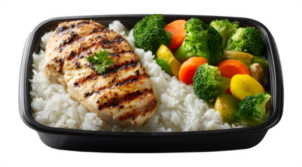 A healthy meal prep container holds a grilled chicken breast, fluffy white rice, and a colorful assortment of steamed vegetables.