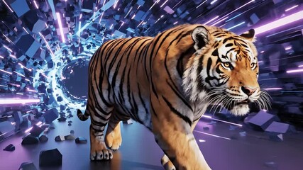 A majestic tiger strides confidently through a vibrant futuristic neon tunnel surrounded by glowing blue and purple geometric fragments and energetic light streaks creating a powerful and dynamic dig. - Powered by Adobe