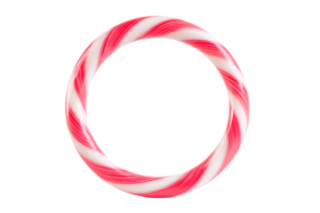A vibrant red and white striped candy cane forms a perfect circle, isolated against a stark transparent background.
