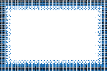 A digitally abstract rectangular frame with a pixelated blue and white grid pattern surrounds a large empty space.