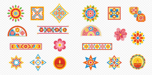 Set of colorful Indian folk art elements with floral and geometric patterns for decoration.