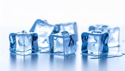 Close up of Clear Blue Ice Cubes Melting with Water Drops and Reflections