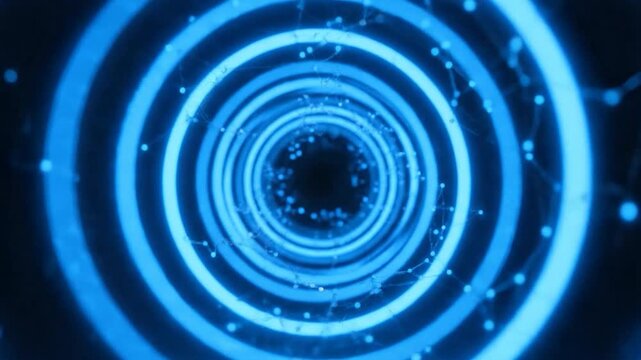 Abstract tunnel of blue neon light circles with connected dots, suggesting digital data flow
