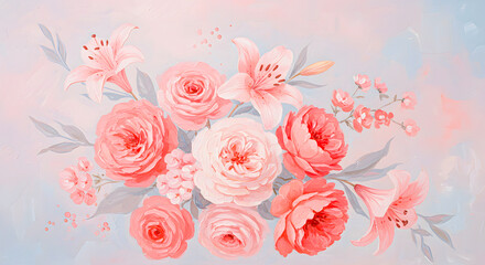 Graceful watercolor bouquet illustration showcasing delicate pink and coral roses with elegant lilies, perfect for romantic designs and a soft artistic aesthetic