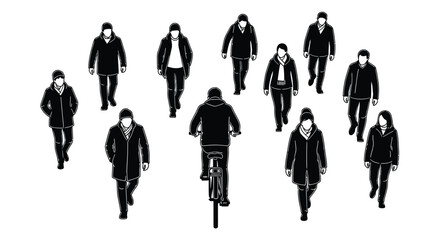 A black and white illustration of people walking in a crowd with one cyclist