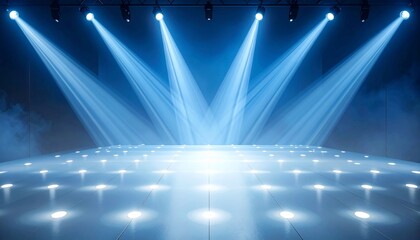 Empty Modern Stage with Bright Blue Spotlights and Glowing Floor Lights