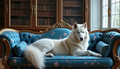 Majestic White Wolf Resting on Luxury Blue Floral Tufted Sofa