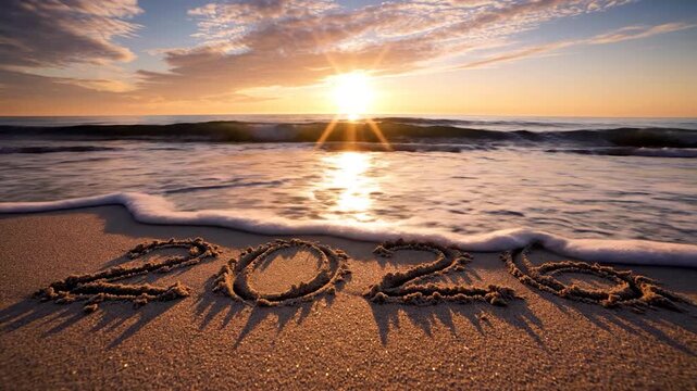 Sandy beach at sunset with the year 2026 written in the sand and reflecting