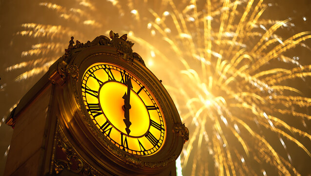 A vintage clock face is surrounded by exploding golden fireworks, celebrating New Year's Eve.