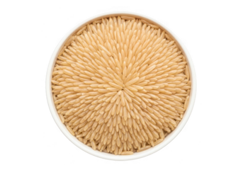 Top view of uncooked brown rice grains arranged in a perfect circle pattern inside a white bowl, isolated on transparent background