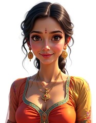 Beautiful Indian Woman Illustration in Orange Traditional Saree